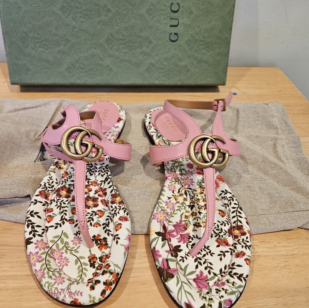 NWT$790 GUCCI Double G Marmont Floral Leather Thong Flat Sandal Slides Sz 39 - Picture 8 of 9